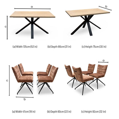 'Saturn' Solid Oak Compact 135cm Fixed Dining Table with Rust Sumptuous Velvet Dining Chairs - Set of 4