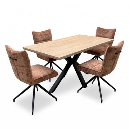 'Saturn' Solid Oak Compact 135cm Fixed Dining Table with Rust Sumptuous Velvet Dining Chairs - Set of 4