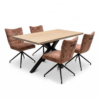 'Saturn' Solid Oak Compact 135cm Fixed Dining Table with Rust Sumptuous Velvet Dining Chairs - Set of 4