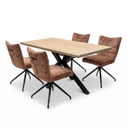 'Saturn' Solid Oak Compact 135cm Fixed Dining Table with Rust Sumptuous Velvet Dining Chairs - Set of 4