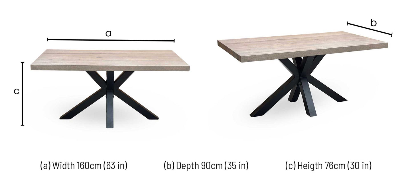 Bodahl ‘Njord’ 8 Vintage Grey Solid Oak Straight Edge 160cm Dining Table with Metal Star Base