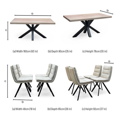 Bodahl 'Njord' 8 Vintage Grey Solid Oak Straight Edge 160cm Metal Star Base Dining Table with Sand Beige Fabric Set of 4 Swivel Dining Chairs