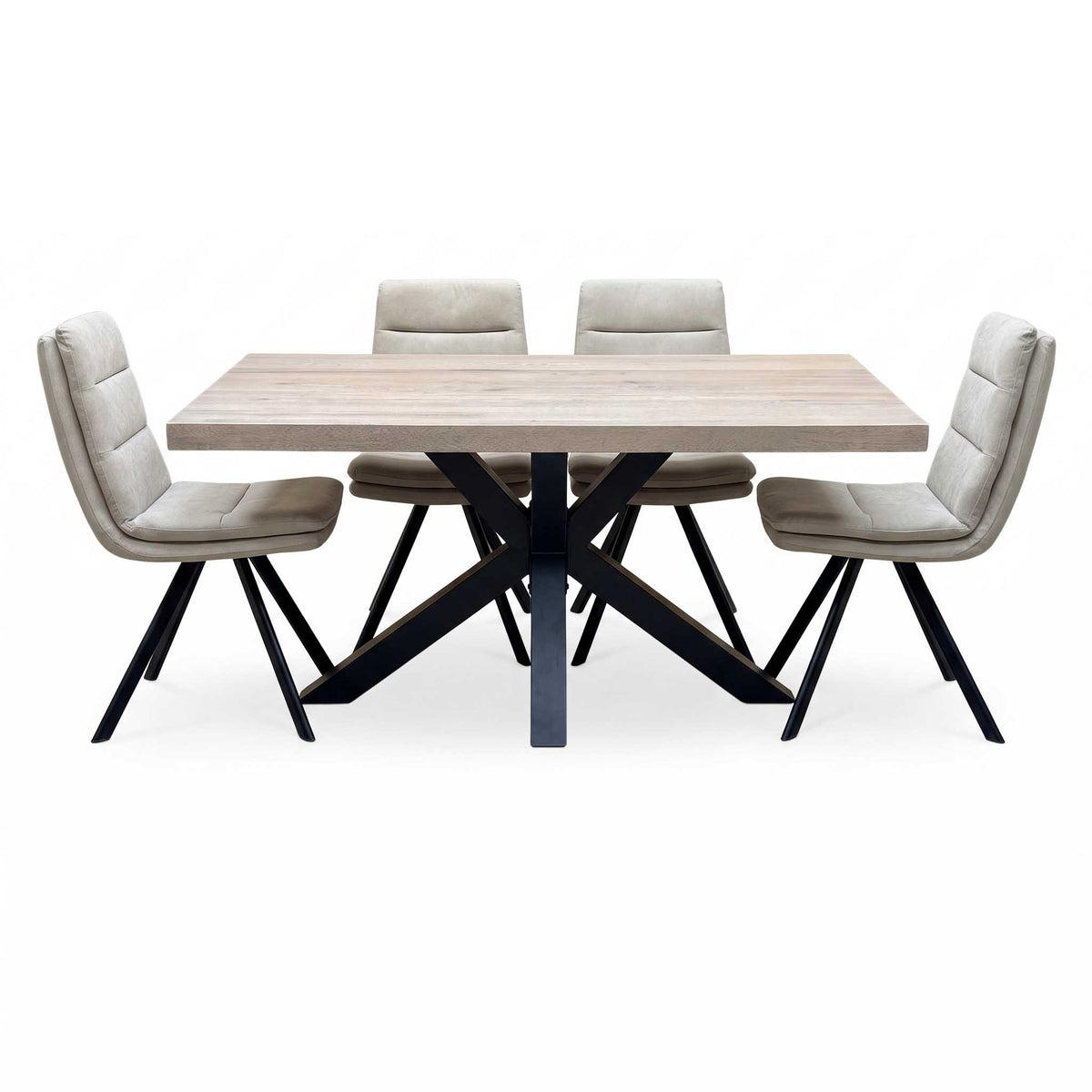 Bodahl 'Njord' 8 Vintage Grey Solid Oak Straight Edge 160cm Metal Star Base Dining Table with Sand Beige Fabric Set of 4 Swivel Dining Chairs