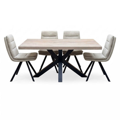 Bodahl 'Njord' 8 Vintage Grey Solid Oak Straight Edge 160cm Metal Star Base Dining Table with Sand Beige Fabric Set of 4 Swivel Dining Chairs