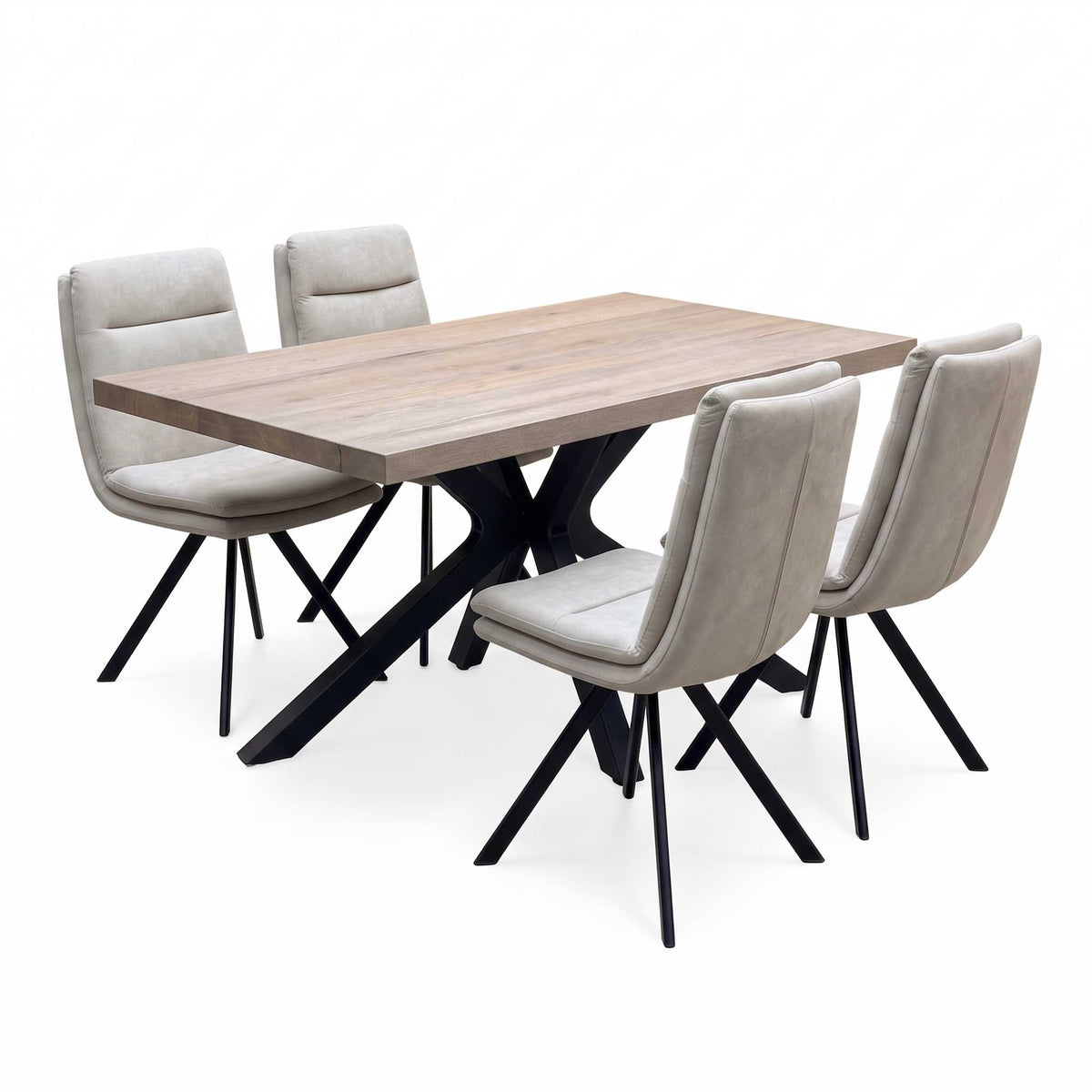 Bodahl 'Njord' 8 Vintage Grey Solid Oak Straight Edge 160cm Metal Star Base Dining Table with Sand Beige Fabric Set of 4 Swivel Dining Chairs