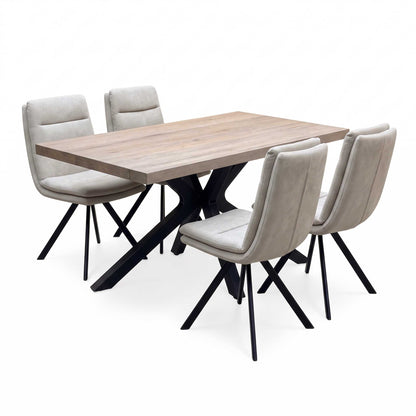 Bodahl 'Njord' 8 Vintage Grey Solid Oak Straight Edge 160cm Metal Star Base Dining Table with Sand Beige Fabric Set of 4 Swivel Dining Chairs