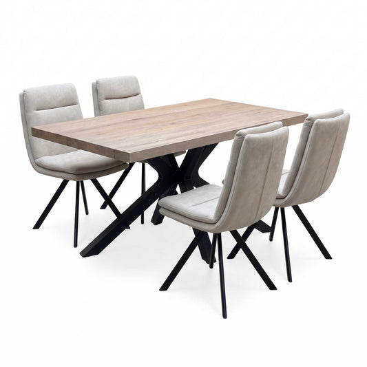 Bodahl 'Njord' 8 Vintage Grey Solid Oak Straight Edge 160cm Metal Star Base Dining Table with Sand Beige Fabric Set of 4 Swivel Dining Chairs