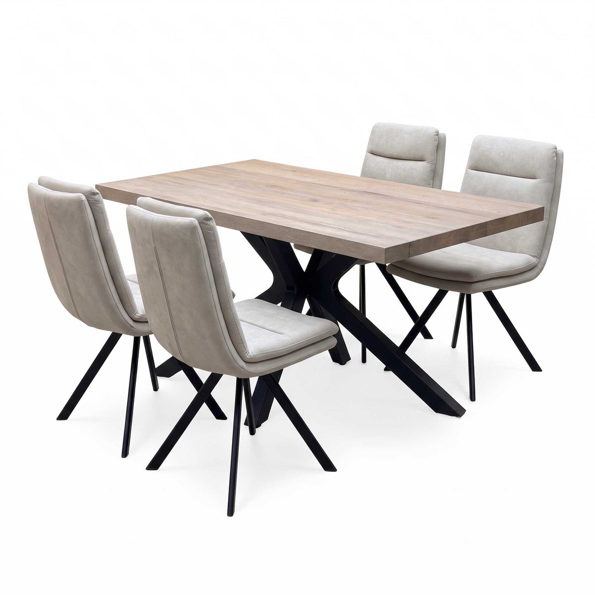 Bodahl 'Njord' 8 Vintage Grey Solid Oak Straight Edge 160cm Metal Star Base Dining Table with Sand Beige Fabric Set of 4 Swivel Dining Chairs