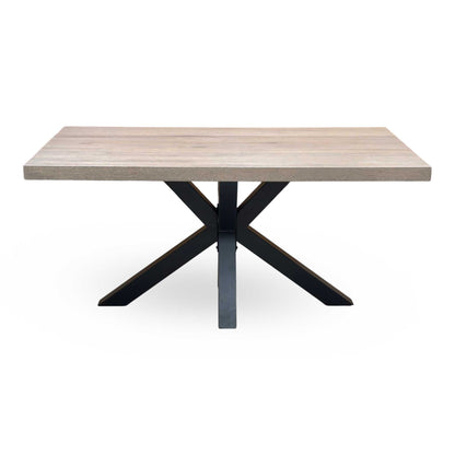 Bodahl 'Njord' 8 Vintage Grey Solid Oak Straight Edge 160cm Metal Star Base Dining Table with Sand Beige Fabric Set of 4 Swivel Dining Chairs