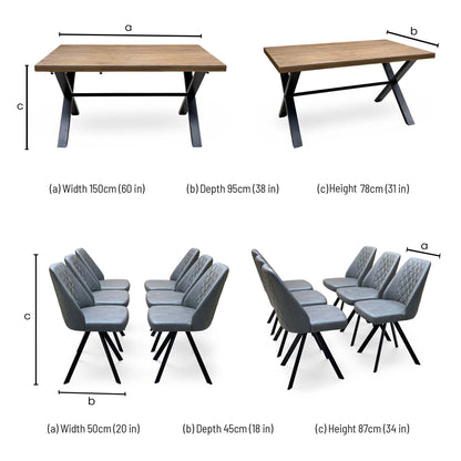 'Jupiter' Dark Oak Solid Oak Dining Table with X Shaped Legs 150 cm + Grey Faux Leather Swivel Chairs Set of 6
