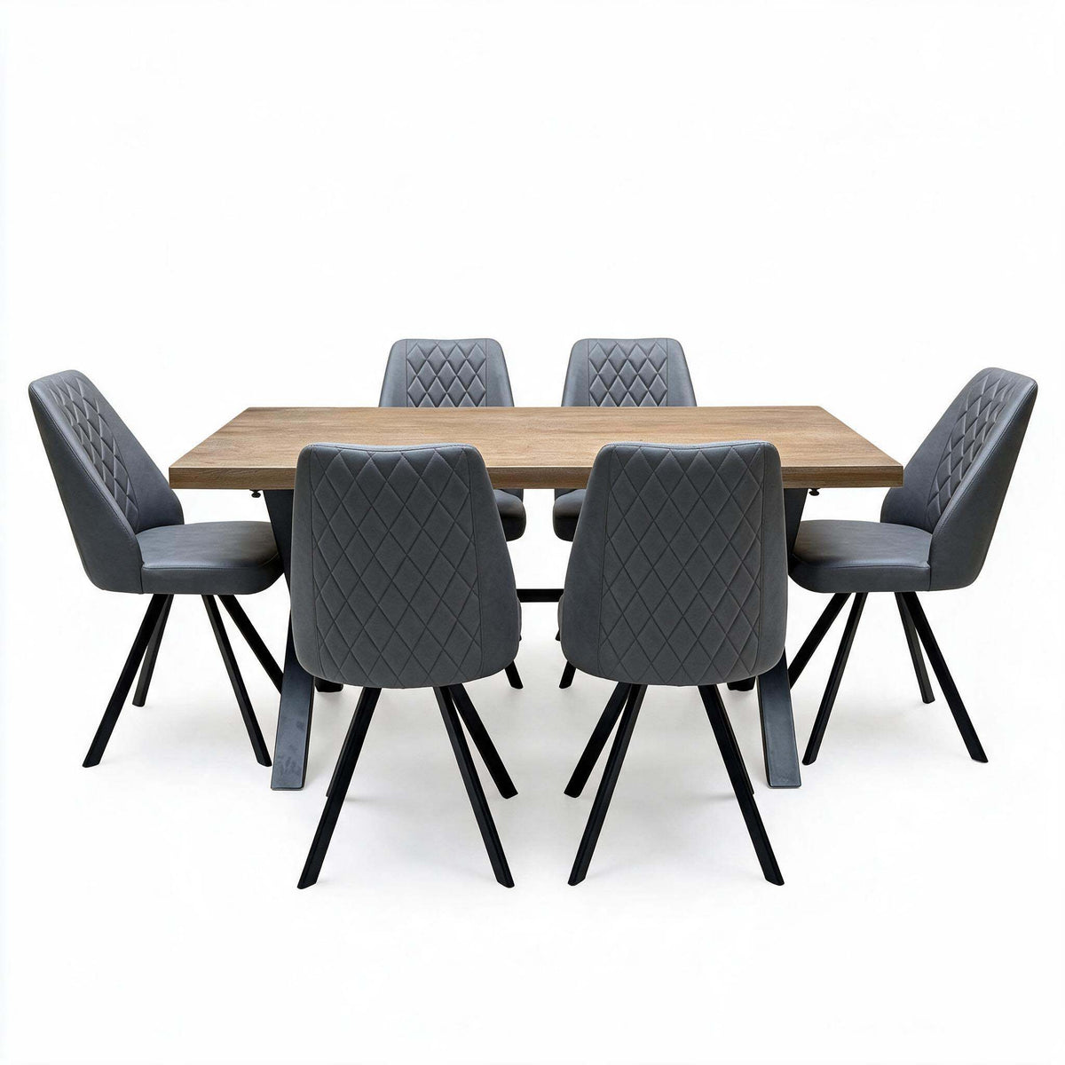 'Jupiter' Dark Oak Solid Oak Dining Table with X Shaped Legs 150 cm + Grey Faux Leather Swivel Chairs Set of 6