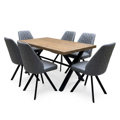 'Jupiter' Dark Oak Solid Oak Dining Table with X Shaped Legs 150 cm + Grey Faux Leather Swivel Chairs Set of 6