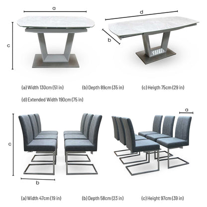 'Grigio' Ceramic Top Swivel Extending Dining Table with Grey Fabric Set of 6 Cantilever Dining Chairs