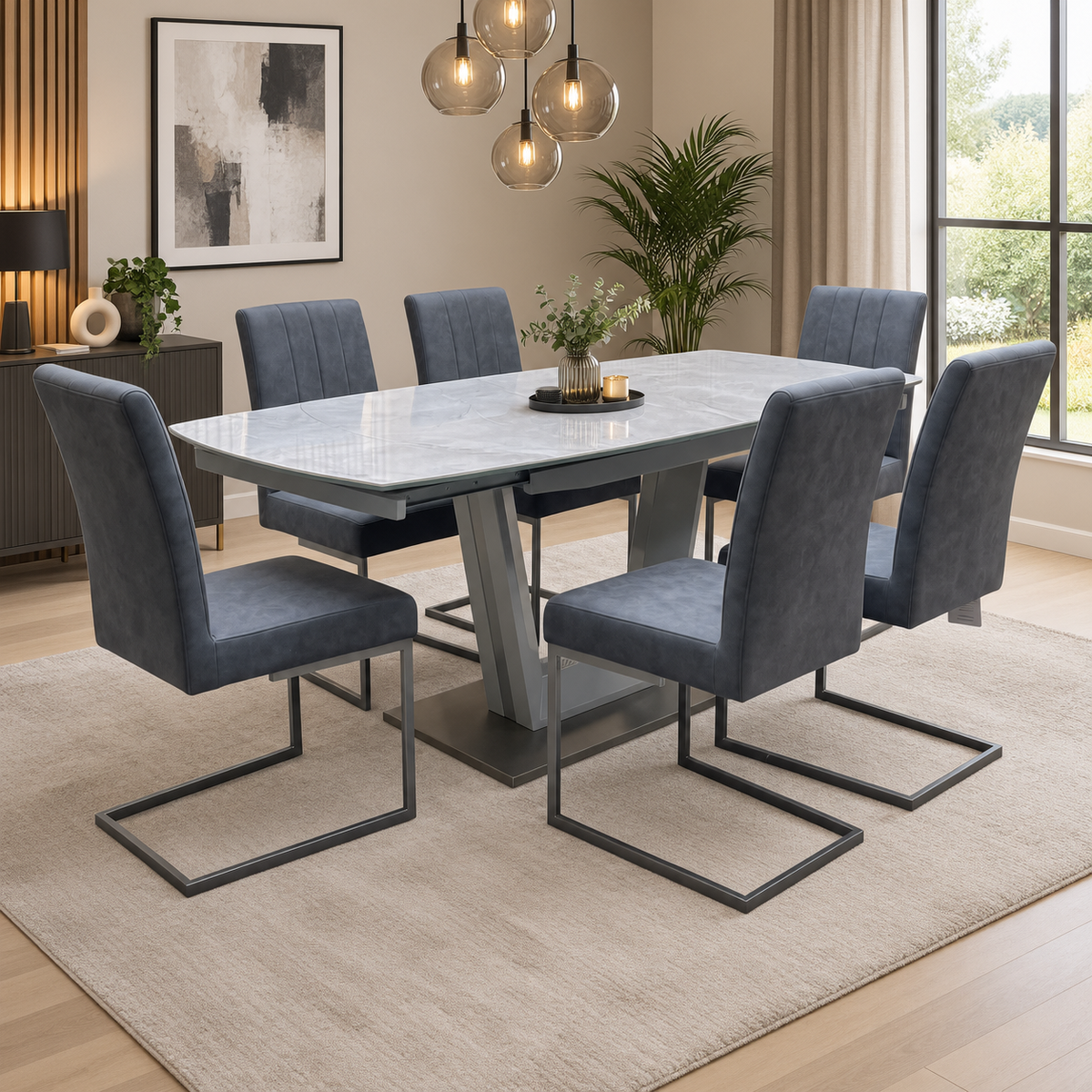 'Grigio' Ceramic Top Swivel Extending Dining Table with Grey Fabric Set of 6 Cantilever Dining Chairs