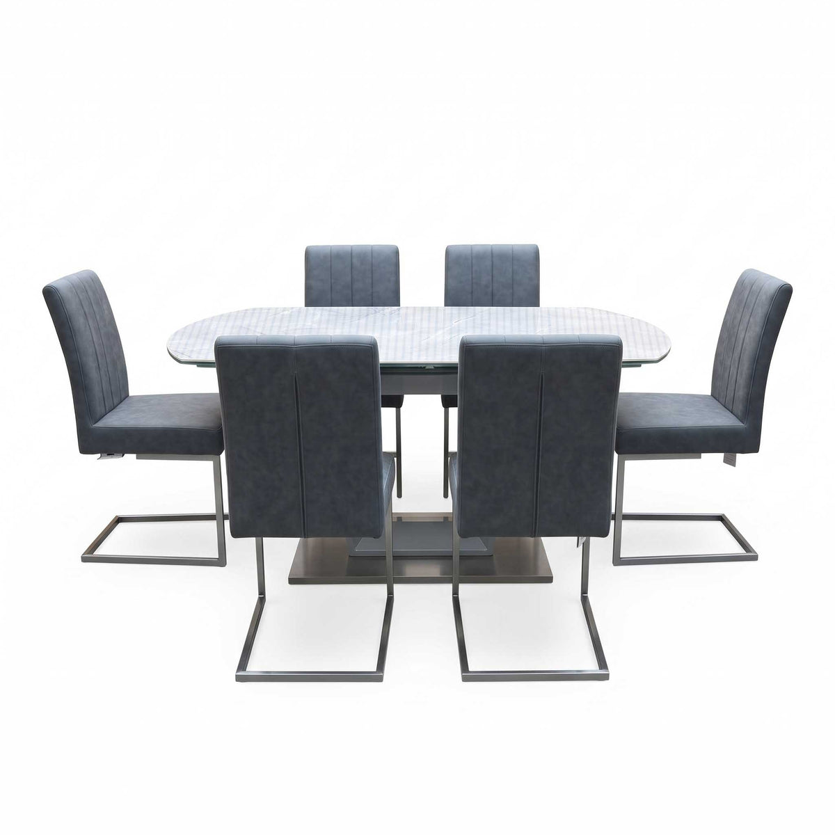 'Grigio' Ceramic Top Swivel Extending Dining Table with Grey Fabric Set of 6 Cantilever Dining Chairs