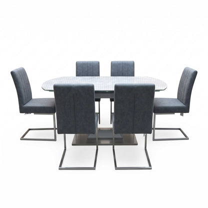 'Grigio' Ceramic Top Swivel Extending Dining Table with Grey Fabric Set of 6 Cantilever Dining Chairs