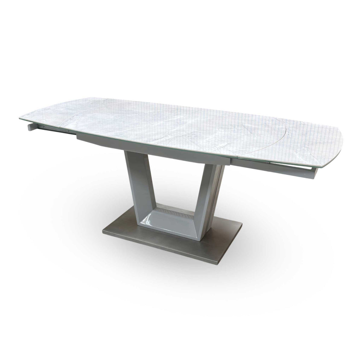 'Grigio' Ceramic Top Swivel Extending Dining Table with Grey Fabric Set of 6 Cantilever Dining Chairs