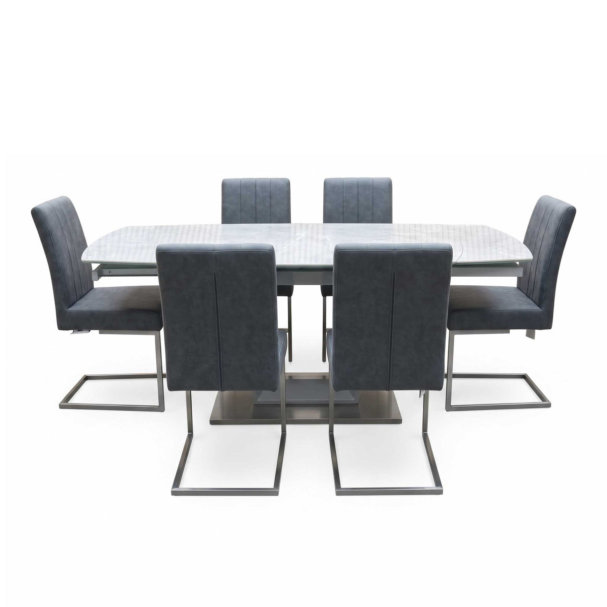 'Grigio' Ceramic Top Swivel Extending Dining Table with Grey Fabric Set of 6 Cantilever Dining Chairs