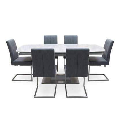 'Grigio' Ceramic Top Swivel Extending Dining Table with Grey Fabric Set of 6 Cantilever Dining Chairs