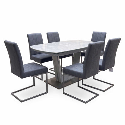 'Grigio' Ceramic Top Swivel Extending Dining Table with Grey Fabric Set of 6 Cantilever Dining Chairs
