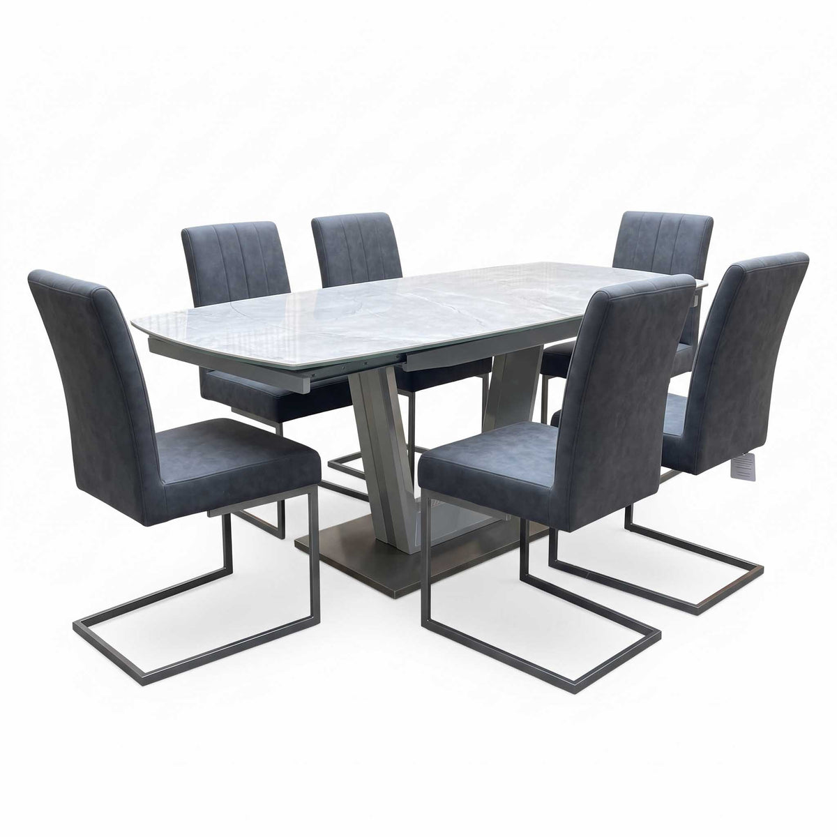 'Grigio' Ceramic Top Swivel Extending Dining Table with Grey Fabric Set of 6 Cantilever Dining Chairs