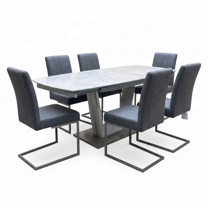 'Grigio' Ceramic Top Swivel Extending Dining Table with Grey Fabric Set of 6 Cantilever Dining Chairs