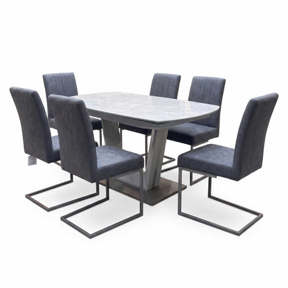 'Grigio' Ceramic Top Swivel Extending Dining Table with Grey Fabric Set of 6 Cantilever Dining Chairs