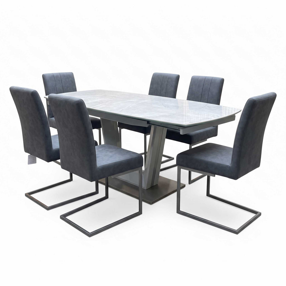 'Grigio' Ceramic Top Swivel Extending Dining Table with Grey Fabric Set of 6 Cantilever Dining Chairs