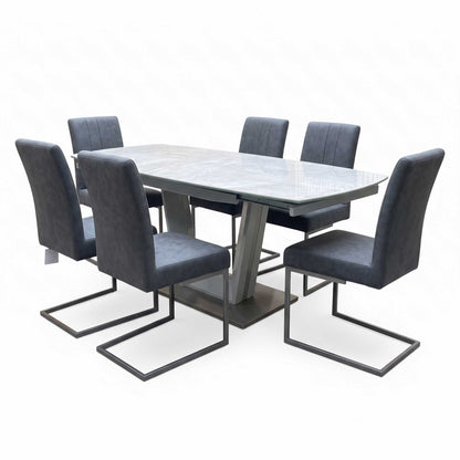 'Grigio' Ceramic Top Swivel Extending Dining Table with Grey Fabric Set of 6 Cantilever Dining Chairs