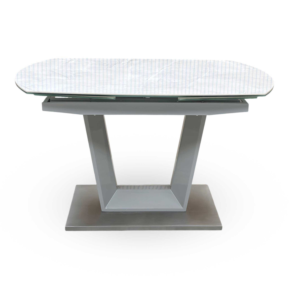 'Grigio' Ceramic Top Swivel Extending Dining Table with Grey Fabric Set of 6 Cantilever Dining Chairs