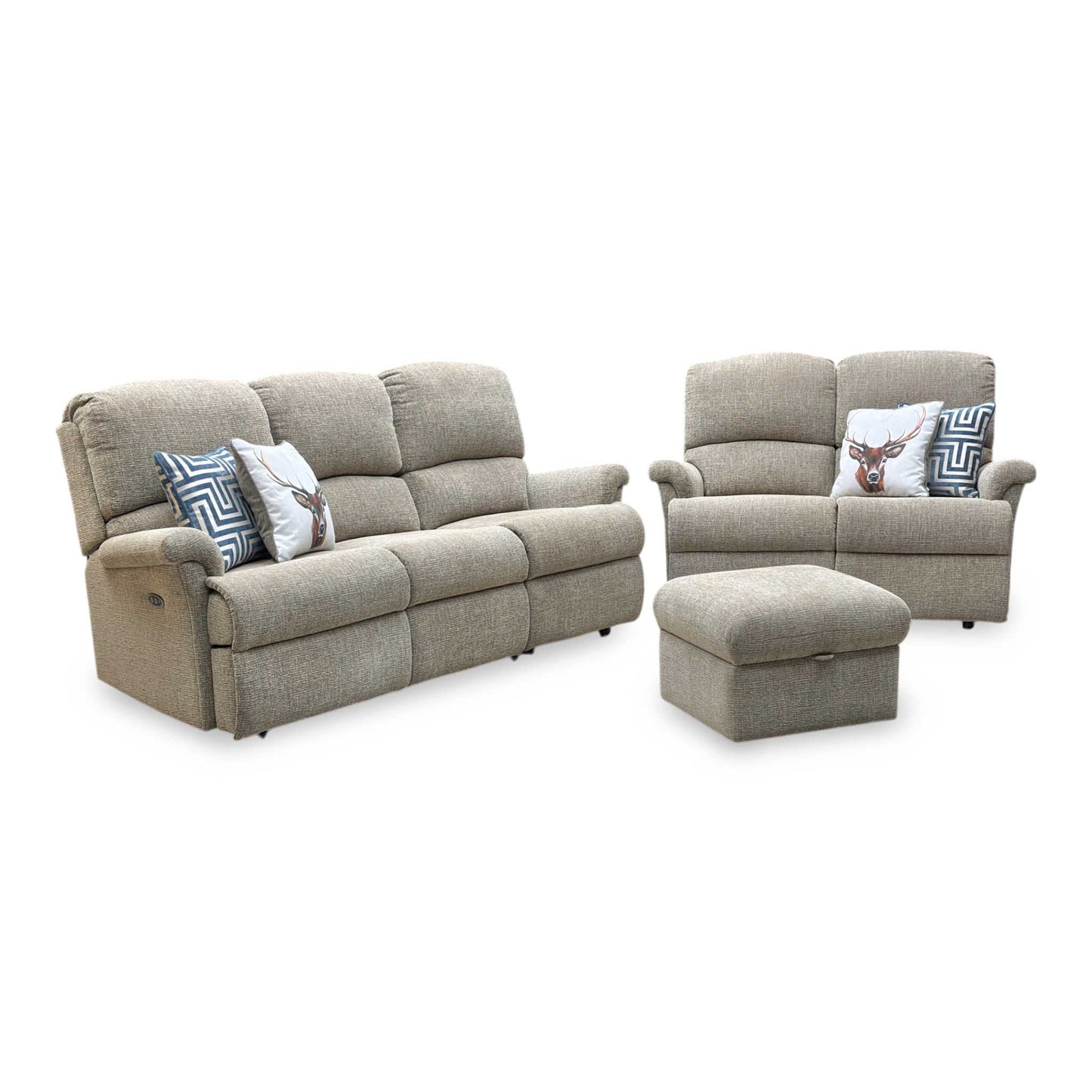 Sherborne ‘Nevada’ Beige Fabric 3 + 2 Seater Power Recliner Sofa Set + Storage Footstool