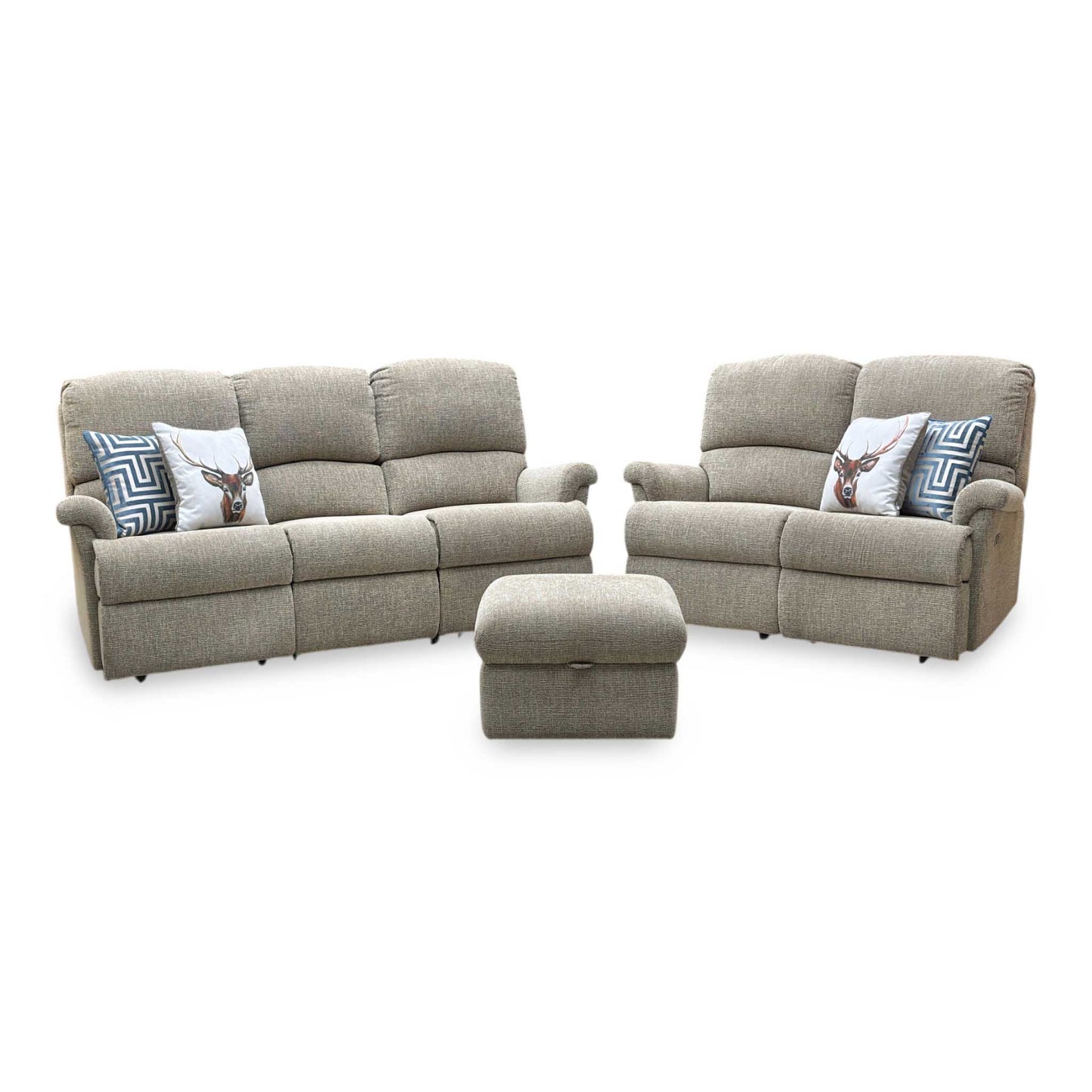Sherborne ‘Nevada’ Beige Fabric 3 + 2 Seater Power Recliner Sofa Set + Storage Footstool