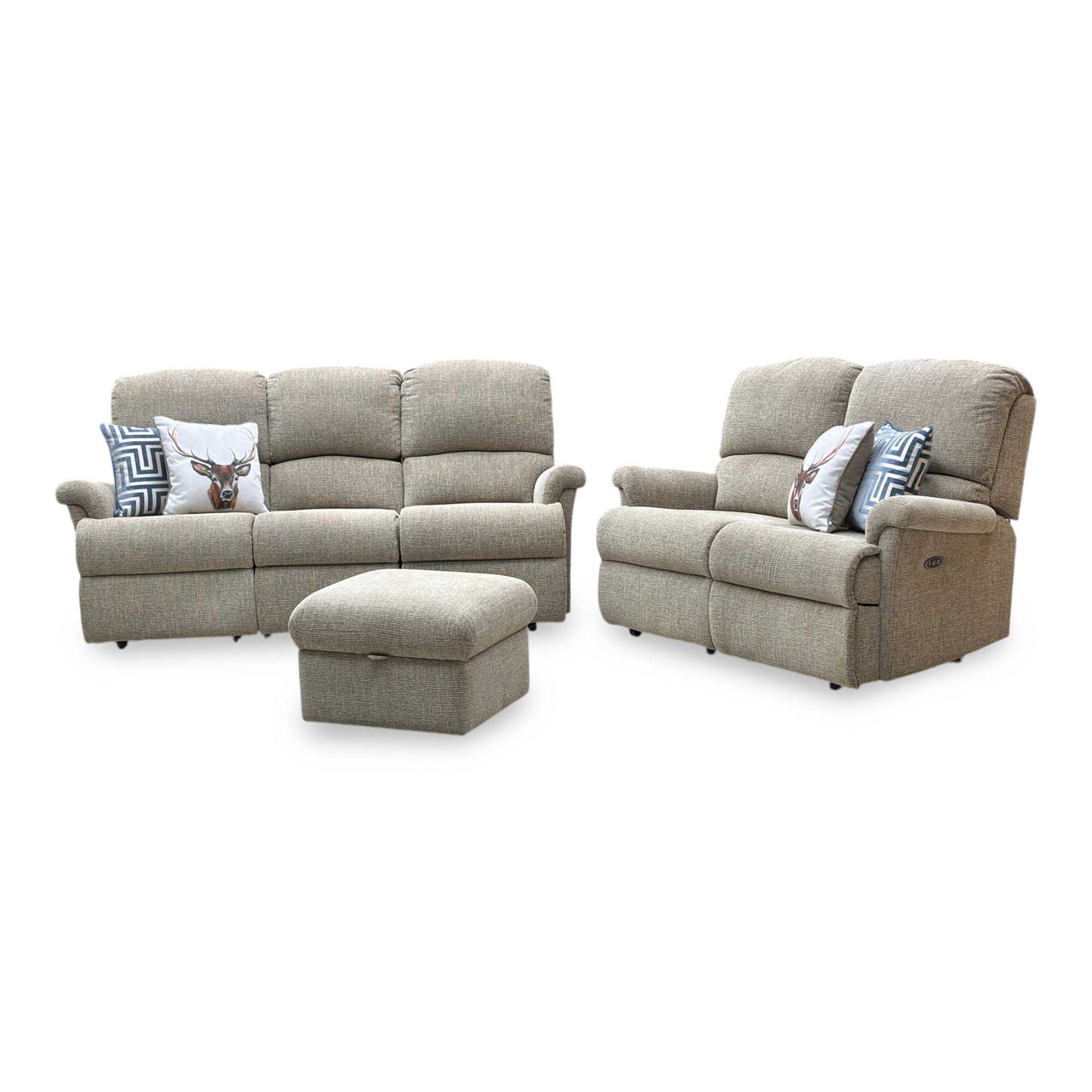 Sherborne ‘Nevada’ Beige Fabric 3 + 2 Seater Power Recliner Sofa Set + Storage Footstool