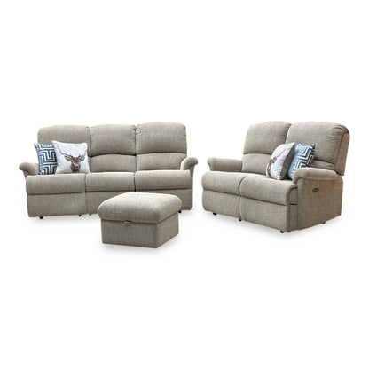 Sherborne ‘Nevada’ Beige Fabric 3 + 2 Seater Power Recliner Sofa Set + Storage Footstool