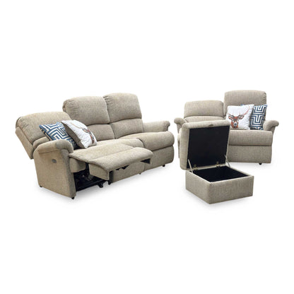 Sherborne ‘Nevada’ Beige Fabric 3 + 2 Seater Power Recliner Sofa Set + Storage Footstool