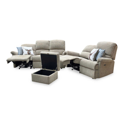 Sherborne ‘Nevada’ Beige Fabric 3 + 2 Seater Power Recliner Sofa Set + Storage Footstool