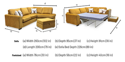 ‘Orka’ Mustard Yellow Sensual Velvet Left Hand Facing Arm Open End Deluxe Corner Sofa Bed + Large Storage Footstool