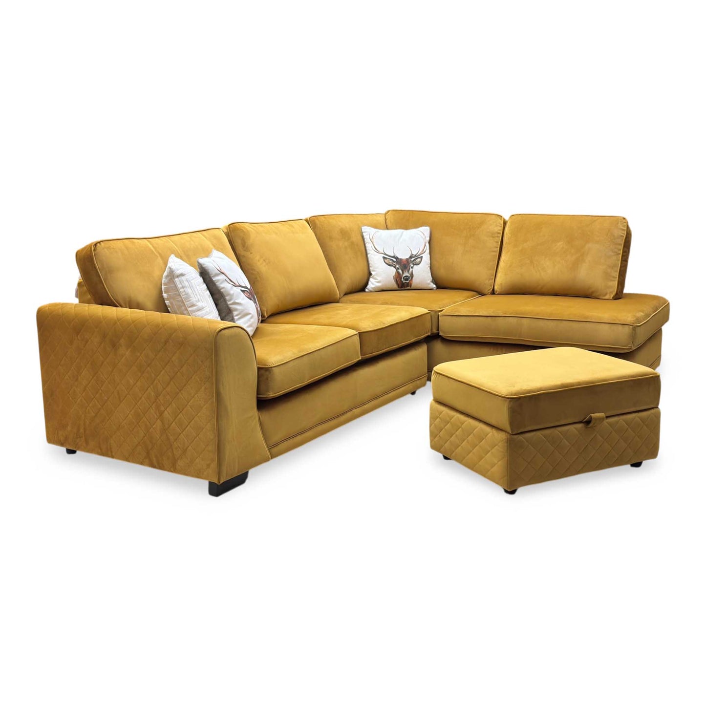 ‘Orka’ Mustard Yellow Sensual Velvet Left Hand Facing Arm Open End Deluxe Corner Sofa Bed + Large Storage Footstool