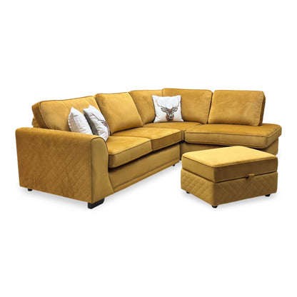 ‘Orka’ Mustard Yellow Sensual Velvet Left Hand Facing Arm Open End Deluxe Corner Sofa Bed + Large Storage Footstool