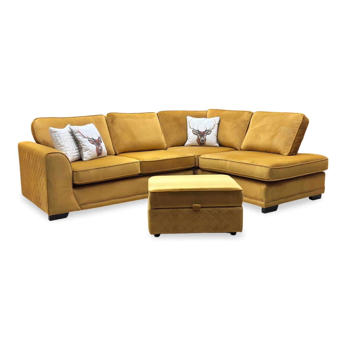 ‘Orka’ Mustard Yellow Sensual Velvet Left Hand Facing Arm Open End Deluxe Corner Sofa Bed + Large Storage Footstool