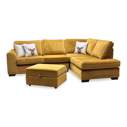 ‘Orka’ Mustard Yellow Sensual Velvet Left Hand Facing Arm Open End Deluxe Corner Sofa Bed + Large Storage Footstool