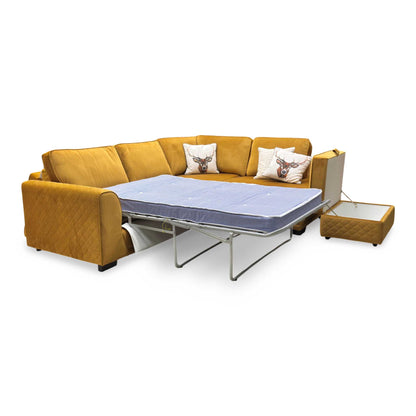 ‘Orka’ Mustard Yellow Sensual Velvet Left Hand Facing Arm Open End Deluxe Corner Sofa Bed + Large Storage Footstool