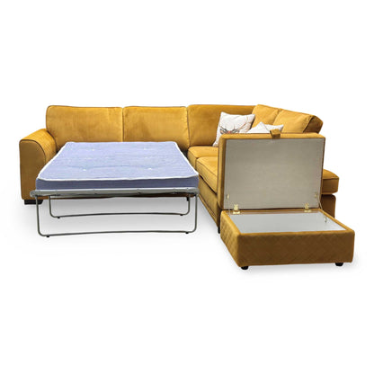 ‘Orka’ Mustard Yellow Sensual Velvet Left Hand Facing Arm Open End Deluxe Corner Sofa Bed + Large Storage Footstool