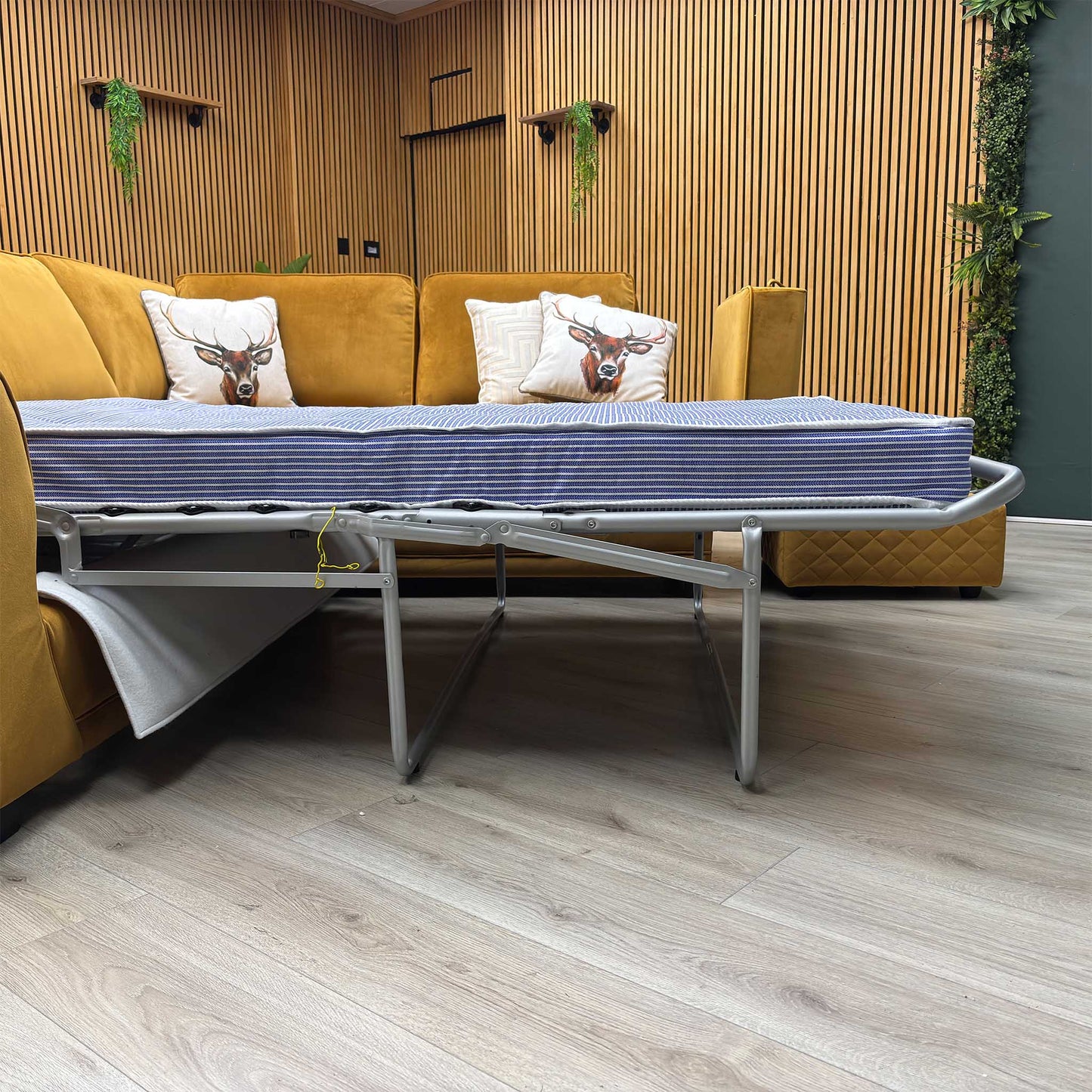 ‘Orka’ Mustard Yellow Sensual Velvet Left Hand Facing Arm Open End Deluxe Corner Sofa Bed + Large Storage Footstool