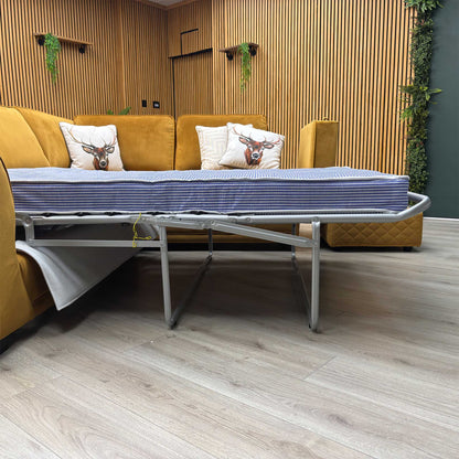‘Orka’ Mustard Yellow Sensual Velvet Left Hand Facing Arm Open End Deluxe Corner Sofa Bed + Large Storage Footstool