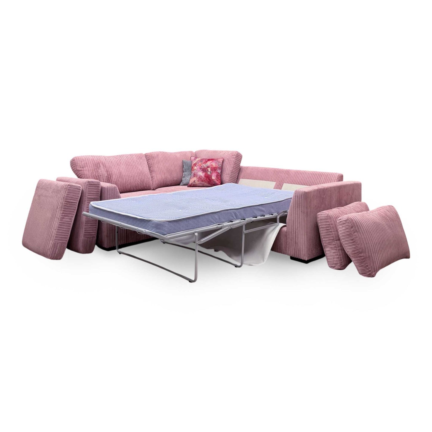 ‘Heydon’ Blush Pink Marley Jumbo Cord Fabric Right Hand Facing Arm Open End Deluxe Corner Sofa Bed