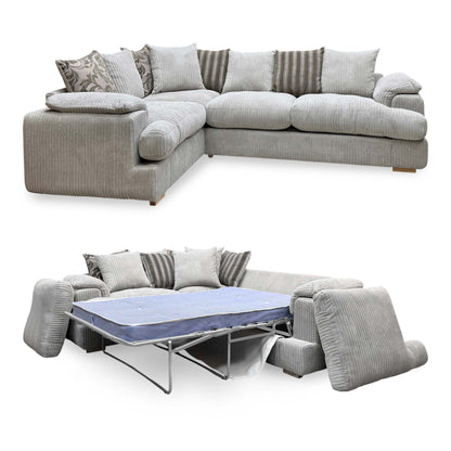 ‘Celine’ Mink and Mocha Celine Cord Fabric Right Arm Facing 2 Seater Pillow Back Deluxe Corner Sofa Bed