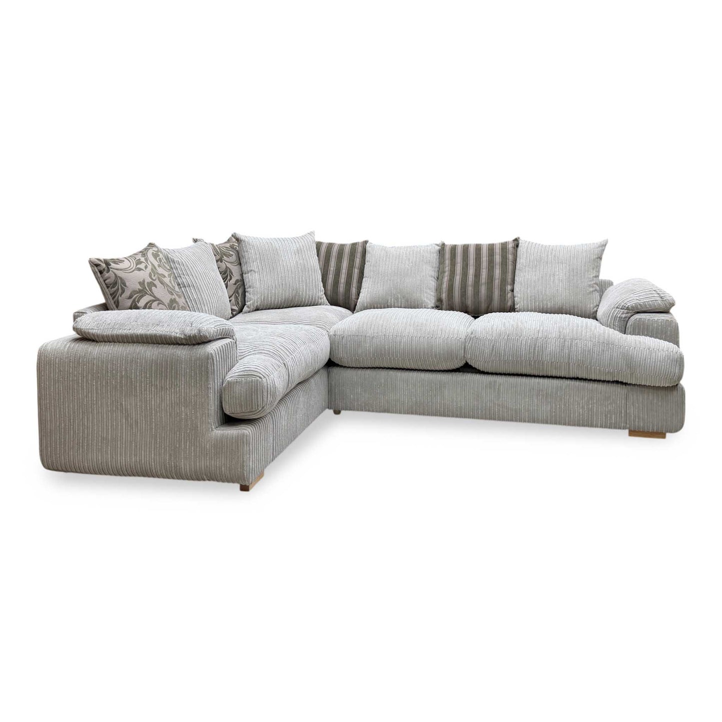 ‘Celine’ Mink and Mocha Celine Cord Fabric Right Arm Facing 2 Seater Pillow Back Deluxe Corner Sofa Bed