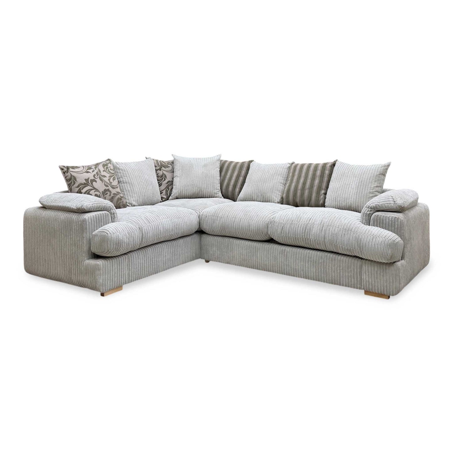 ‘Celine’ Mink and Mocha Celine Cord Fabric Right Arm Facing 2 Seater Pillow Back Deluxe Corner Sofa Bed