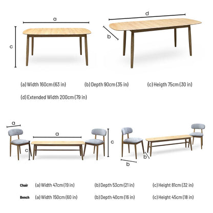Stockholm Light Oak Solid Oak 160cm Extending Dining Table with 150cm Dining Bench + 2 Dining Chairs – view 20